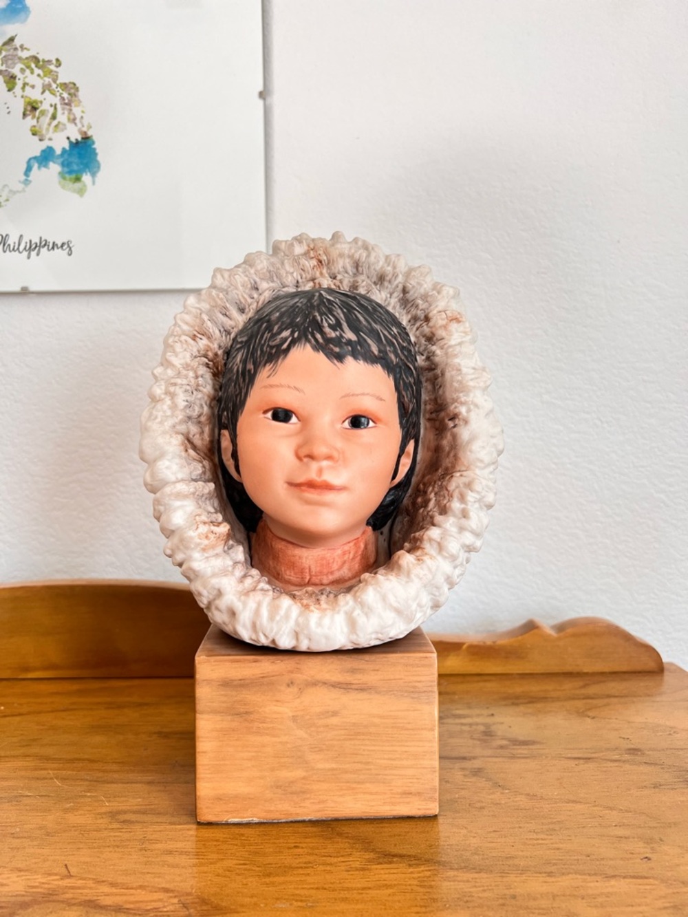 Vintage Signed Cybis “Snow Bunting” Porcelain Sculpture Inuit Child Wood Base 10